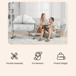 Travel Cots & Beds|Bassinets & Co-Sleepers*Unilove Hug Me Plus Airflow 3-in-1 Bedside Bassinet with Mosquito Net Denim Blue